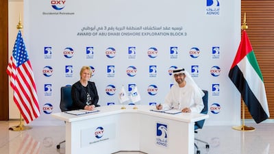 Occidental chief executive Vicki Hollub with Adnoc Group chief executive Dr Sultan Al Jaber at the signing ceremony for an onshore block. The Permian player is eyeing opportunities downstream in the Middle East. Source: Adnoc