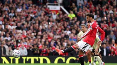 Bruno Fernandes scores his team’s third goal from the penalty spot. Getty Images