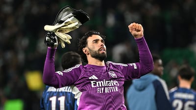 Arsenal goalkeeper David Raya celebrates following victory over Sporting Lisbon in the Champions League. PA