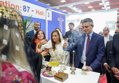 Sheikha Bodour Al Qasimi and Greek minister Christos Dimas at the Sharjah pavilion at Thessaloniki Book Fair in 2024. Photo: instagram.com/sharjahbookauthority