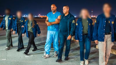 Ibrahim Khaldoon Hilmi, wanted in the US for billions of dollars worth of alleged medical insurance fraud, arrives in South Florida accompanied by FBI personnel. Photo: FBI Miami bureau