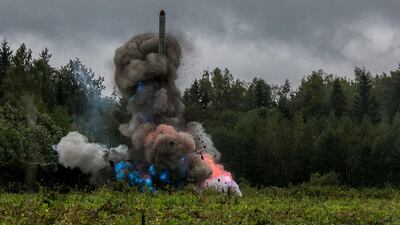 A Russian tactical missile Iskander-M launching during military exercises outside St Petersburg region, 18 September 2017. EPA