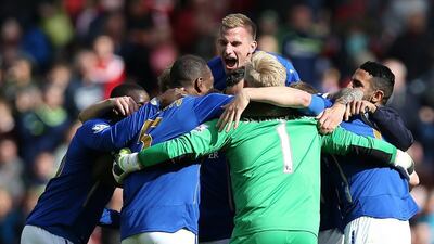 Visiting Leicester City players celebrate at full time after their goalless draw against Sunderland on Saturday. Ian MacNicol / AFP