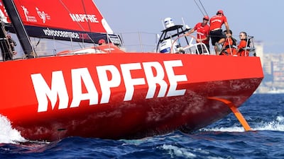 Team Mapfre sails during the in-port race on Saturday for the Volvo Ocean Race. The Spanish team finished third. Jose Jordan / AFP