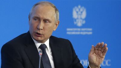 The Russian president Vladimir Putin at the Russian Energy Week in Moscow, Russia. Mr Putin says he is open to possibly pushing oil production cuts beyond next March. Maxim Shipenkov/ EPA