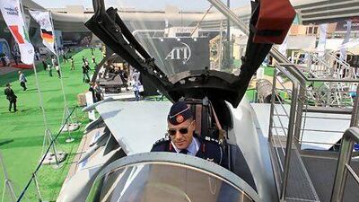 Colonel Abd El Nasser Busnina from Libya Air force gets the feel of the Eurofighter Typhoon at the International Defence Exhibition and Conference, IDEX 2013 in Abu Dhabi.Ravindranath K / The National