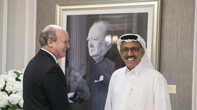 Khalaf Al Habtoor, chairman of Al Habtoor Group, with Randolph Churchill, the great grandson of Sir Winston Churchill, at St Regis’s Sir Winston Churchill suite. Reem Mohammed / The National