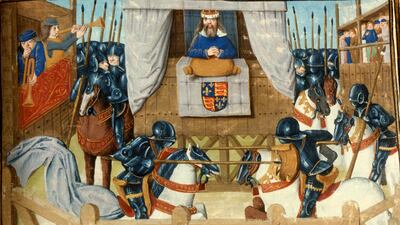 Detail from a page of 'The St Alban’s Chronicle' showing Richard II watching a tournament, late 15th century, England and Bruges, vellum, 43 x 31 centimetres.