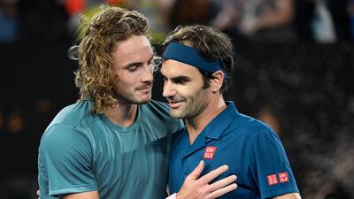 Stefanos Tsitsipas, left, and Roger Federer met in the Dubai Free Tennis Championships final in what was a rematch of their Australian Open fourth round meeting in January. AP Photo