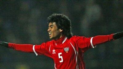Haboosh Saleh celebrates after scoring the winning goal against Uzbekistan to put the UAE in the London 2012 Olympics.