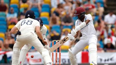 Kraigg Brathwaite hits a shot off the bowling of Jack Leach during the Day 3 of the second Test between West Indies and England. Reuters