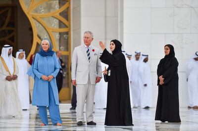 Camilla, Duchess of Cornwall, and Prince Charles at the Sheikh Zayed Grand Mosque in 2016. WAM
