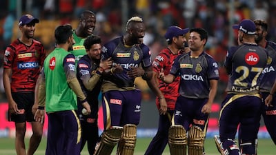 Kolkata Knight Riders all-rounder Andre Russell, centre, has been in the form of his life in this season's IPL. Aijaz Rahi / AP Photo