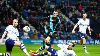 Jamie Vardy scores Leicester's first goal against Preston at Deepdale. PA