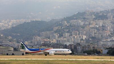 A Middle East Airlines airplane prepares for take off from Lebanon's International Airport on Sunday, amid the war between Hezbollah and Israel. AFP