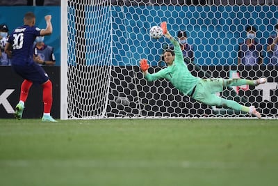 Swiss goalkeeper Yann Sommer saves a penalty from French forward Kylian Mbappe at the National Arena in Bucharest on June 28, 2021. AFP