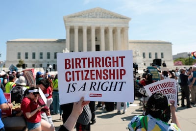 Demonstrators rally in support of birthright citizenship outside the US Supreme Court in Washington in April. AFP