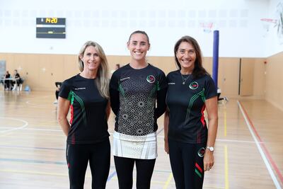 Left to right: UAE Falcons head coach Deb Jones, captain Carly Lewis and team manager Susanne Skelding. Pawan Singh/The National. Story by Amith