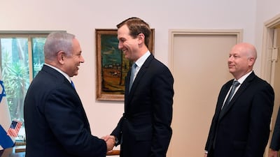 Israeli Prime Minister Benjamin Netanyahu meeting Jared Kushner and Jason Greenblatt. Stern Matty / EPA