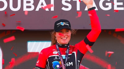 Charlotte Kool of Team DSM celebrates her stage win.