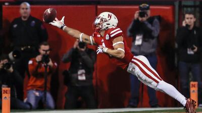 Nebraska wide receiver Jordan Westerkamp (1) cannot reach a pass during the first half of an NCAA college football game against Michigan State in Lincoln, Nebraska. Nati Harnik / AP