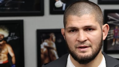 MMA legend and coach Khabib Nurmagomedov speaks to the media ahead of PFL Dubai. Chris Whiteoak / The National.