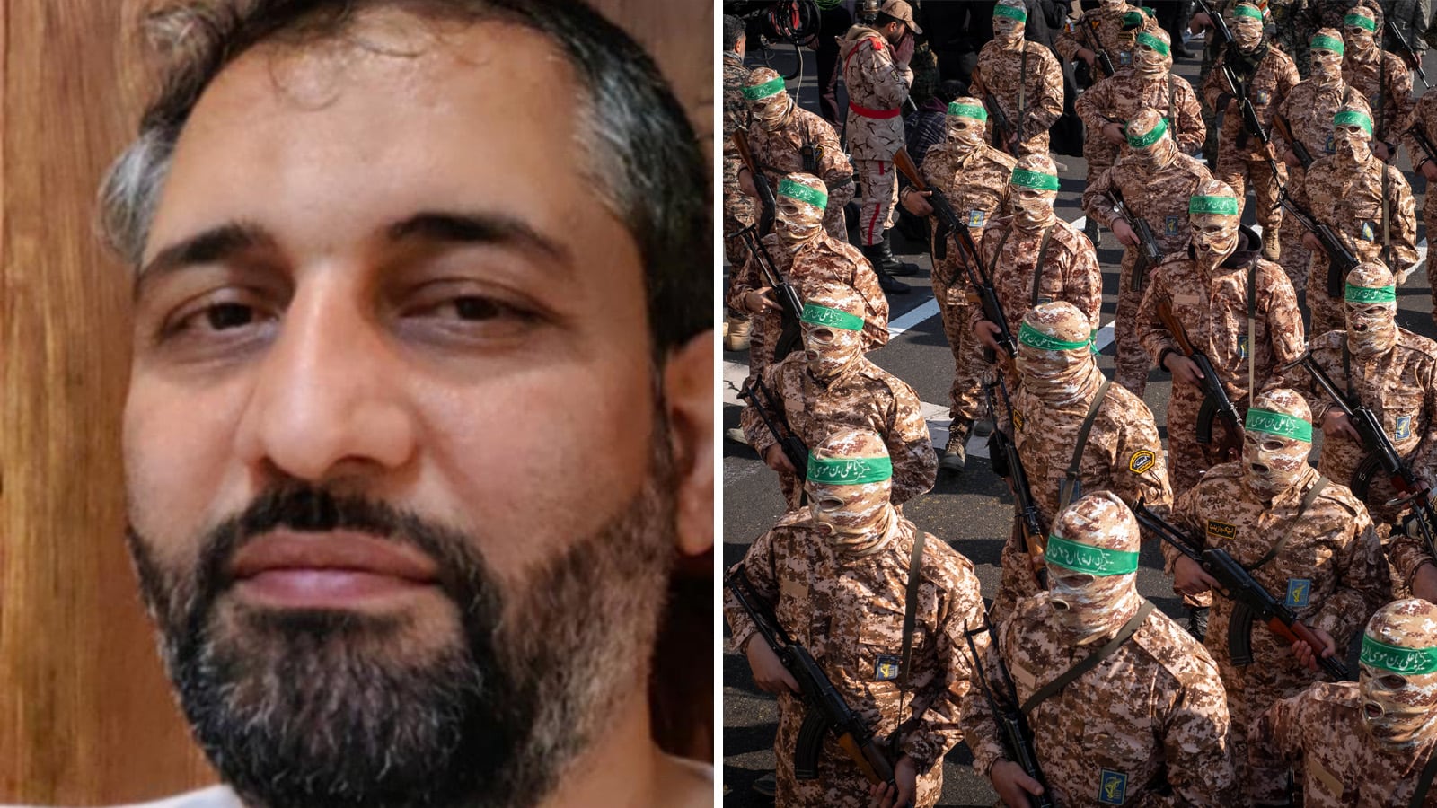 Ruhollah Bazghandi, left, and Islamic Revolutionary Guard Corps armed personnel, right. FBI / AFP