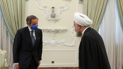 File photo. President Hassan Rouhani, right, welcomes Director General of International Atomic Energy Agency, IAEA, Rafael Grossi for a meeting in Tehran, Iran. AP
