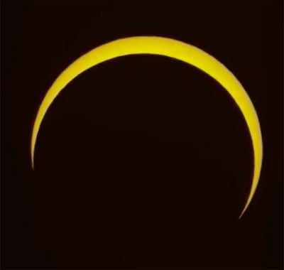 An image made from live video from the Slooh robotic telescope service, shows a near full solar eclipse at the International Astronomical Centre in Abu Dhabi. Courtesy: AP