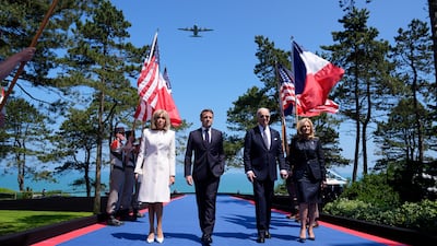 French President Emmanuel Macron, his wife Brigitte Macron, US President Joe Biden and his wife, Dr Jill Biden, attend a ceremony to mark the 80th anniversary of D-Day in Normandy. AP