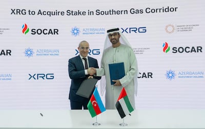 The heads of terms agreement was signed by Dr Sultan Al Jaber, UAE Minister of Industry and Advanced Technology and executive chairman and chief executive of XRG and Mikayil Jabbarov, Azerbaijan's Minister of Economy and chairman of Socar’s supervisory board. Photo: XRG