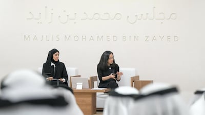 Angela Duckworth (second left) delivers a lecture titled ‘True Grit: The Surprising, and Inspiring Science of Success’, at Majlis Mohamed bin Zayed. Seen with Hessa Essa Buhumaid, UAE Minister of Community Development (left). Mohamed Al Hammadi / Crown Prince Court - Abu Dhabi