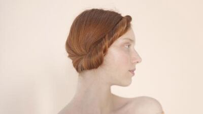 A model’s hairstyle emulates the look of one of Khalifé’s sublime illustrations. Courtesy Dina Khalifé