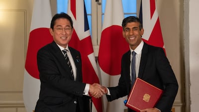 Prime Minister Rishi Sunak with Japanese counterpart Fumio Kishida in London after signing a UK-Japan defence agreement in January, with Britain now on the cusp of a new Indo-Pacific trade deal. PA