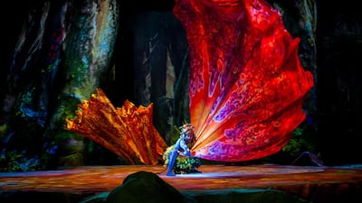 It tells the story of two teenage Na’vi (the giant blue aliens from the film) tribesmen who set out on a daring mission to tame the fearsome Toruk – a giant pterodactyl-like bird - in order to save the Tree of Souls, which is a vital part of Na’vi culture. Photo: Youssef Shoufan Costumes: Kym Barrett © 2015 Cirque du Soleil