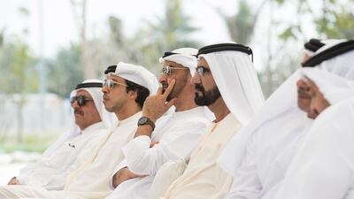 Sheikh Mohammed bin Rashid, Vice President and Ruler of Dubai, Sheikh Mohamed bin Zayed, Crown Prince of Abu Dhabi and Deputy Supreme Commander of the UAE Armed Forces, Sheikh Mansour bin Zayed, UAE Deputy Prime Minister and Minister of Presidential Affairs, and Sheikh Hamdan bin Rashid, attend a UAE Cabinet meeting at Wahat Al Karama on March 5, 2017. Ryan Carter / Crown Prince Court - Abu Dhabi