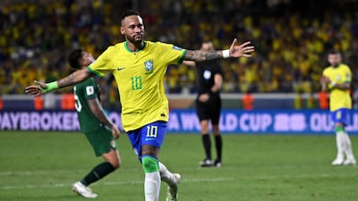 Brazil's forward Neymar celebrates after scoring during the 2026 World Cup qualifier against Bolivia in Belem, Brazil. Neymar became Brazil's all-time top scorer on Friday after surpassing Pele's record. AFP