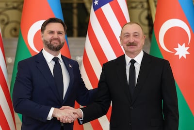 US Vice President JD Vance and Azerbaijani President Ilham Aliyev shake hands at the Zagulba Presidential Residence on February 10 in Baku, Azerbaijan. Getty Images