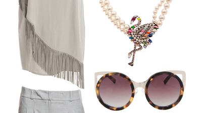 Take a style cue from recent shows and wear grey on grey, livening up the lack of colour with a head-turning necklace, cat-eye sunnies and shiny gold shoes. 1. Top, Dh 1,395, Liu Jo, The Galleria, 02 626 6619; The Dubai Mall, 04 339 9001. 2. Trousers, Dh149, Koton, Yas Mall 02 565 0437; The Dubai Mall, 04 434 0750. 3. Necklace, Dh3,030, Shourouk at Symphony. 4. Sunglasses, Dh1,640, Erdem at Boutique 1. 5. Heels, Dh 2,210, Sergio Rossi at Harvey Nichols.