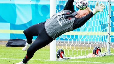 Denmark's Kasper Schmeichel during a training session in Elsinore ahead of their Euro 2020 match against Wales. AP