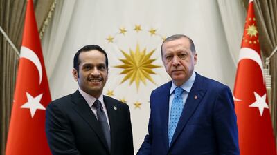 Turkey's President Recep Tayyip Erdogan with Qatar's Foreign Minister Sheikh Mohammed bin Abdulrahman Al Thani prior to their meeting in Ankara,on July 14, 2017. Mr Erdogan is to visit the Gulf on July 23. Presidency Press Service via AP