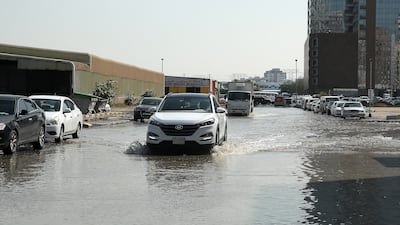 Water flooding the streets due to recent rain in Sharjah. Pawan Singh / The National