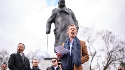 Laurence Fox launches his manifesto for his bid to become the Mayor of London with a statue of former British Prime Minister Winston Churchill behind him. Fox is standing on policies critical of the government's lockdown procedures during the Covid-19 pandemic. Getty