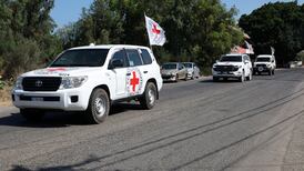A Red Cross convoy heads towards Naqoura to receive Lebanese freed from Israeli detention. EPA