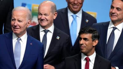 From left, US President Joe Biden, Germany's Chancellor Olaf Scholz, Portugal's Prime Minister Antonio Costa, British Prime Minister Rishi Sunak and Greece's Prime Minister Kyriakos Mitsotakis during a group photo at the Nato summit in Vilnius, Lithuania on Tuesday. AP