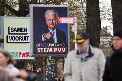A poster featuring Party for Freedom leader Geert Wilders, in The Hague. Reuters