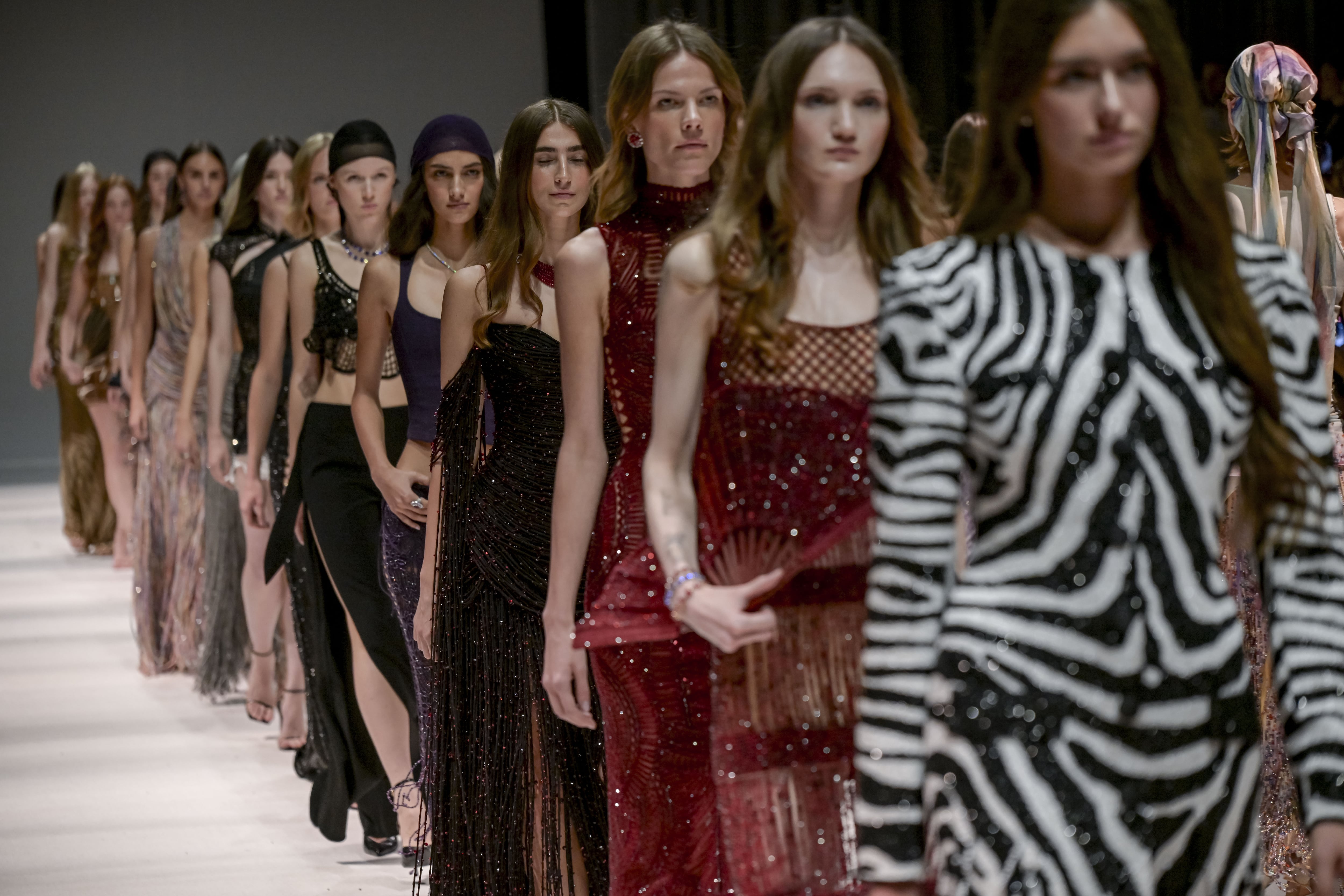 Sculptural silhouettes, elaborate embellishments and striking zebra patterns defined the designer’s spring/summer 2027 collection. Getty Images