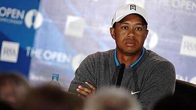 Tiger Woods faces the media in St Andrews yesterday ahead of the British Open.