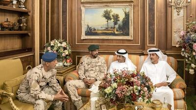 Ali Mohamed Hammad Al Shamsi, Deputy Secretary-General of the UAE Supreme National Security Council, Ali Saeed Al Neyadi, Chairman of the Federal Customs Authority, Brigadier General Saleh Mohamed Saleh Al Ameri, Commander of the UAE Ground Forces and Major General Essa Saif Al Mazrouei, Deputy Chief of Staff of the UAE Armed Forces, attend a meeting with King Salman at Irqah Palace