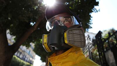 A worker disinfects an avenue to prevent the spread of coronavirus in Algiers, Algeria. AP Photo